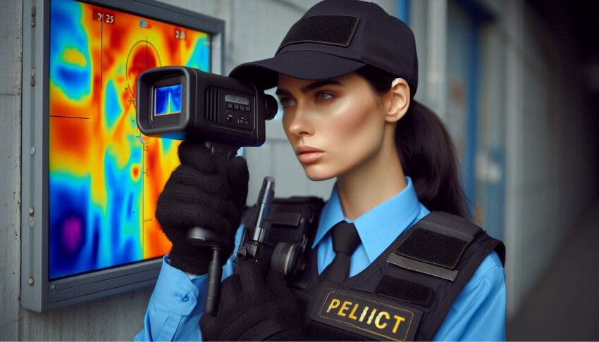 A security guard using a thermal imaging camera to monitor a secured area.