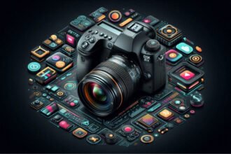 An illustration showcasing the latest DSLR camera technology trends for 2024, featuring advanced sensors, AI features, and wireless connectivity.