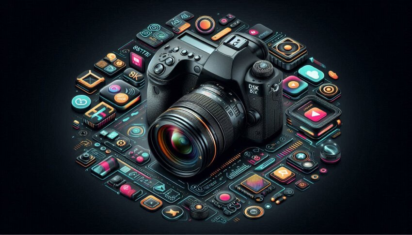 An illustration showcasing the latest DSLR camera technology trends for 2024, featuring advanced sensors, AI features, and wireless connectivity.