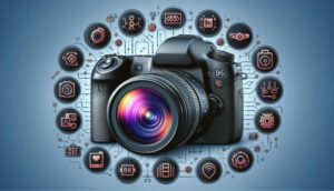 A modern DSLR camera with icons representing key technology trends for 2024, including 8K video, AI autofocus, and enhanced image stabilization.