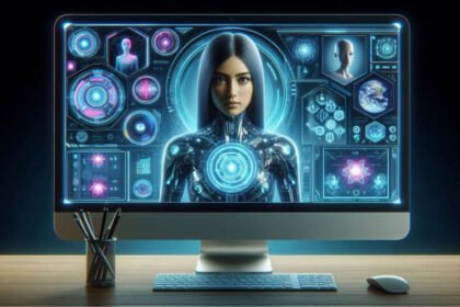 Futuristic personal computer setup with holographic displays, advanced AI integration, voice command interfaces, and virtual assistants representing the next generation of personal computing.