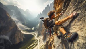 Rock climber with an action camera attached to their gear, scaling a steep cliff.