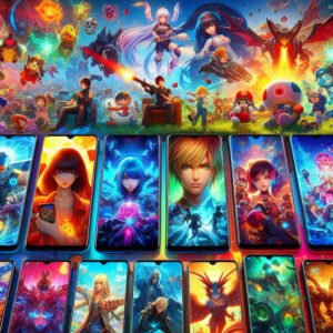 Colorful collage of top mobile games to play in 2024, featuring a variety of game genres and popular characters displayed on modern smartphones against a dynamic background.