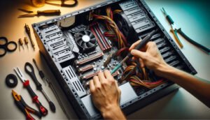 PC case being prepped for component installation, with cable management tools visible.