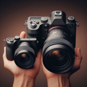 Side-by-side comparison of Mirrorless and DSLR cameras highlighting differences in size, weight, viewfinder type, autofocus speed, and video capabilities.