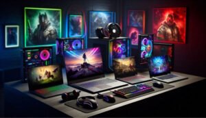 Different models of gaming laptops with accessories like gaming mice and headphones on a desk with a gaming-themed decor.