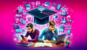 Student using laptop and smartphone connected to T-Mobile mobile hotspot with 100GB free internet data.